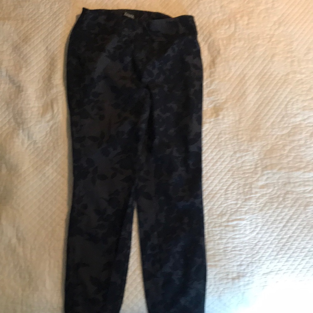 Large flower print denim boot cut pants